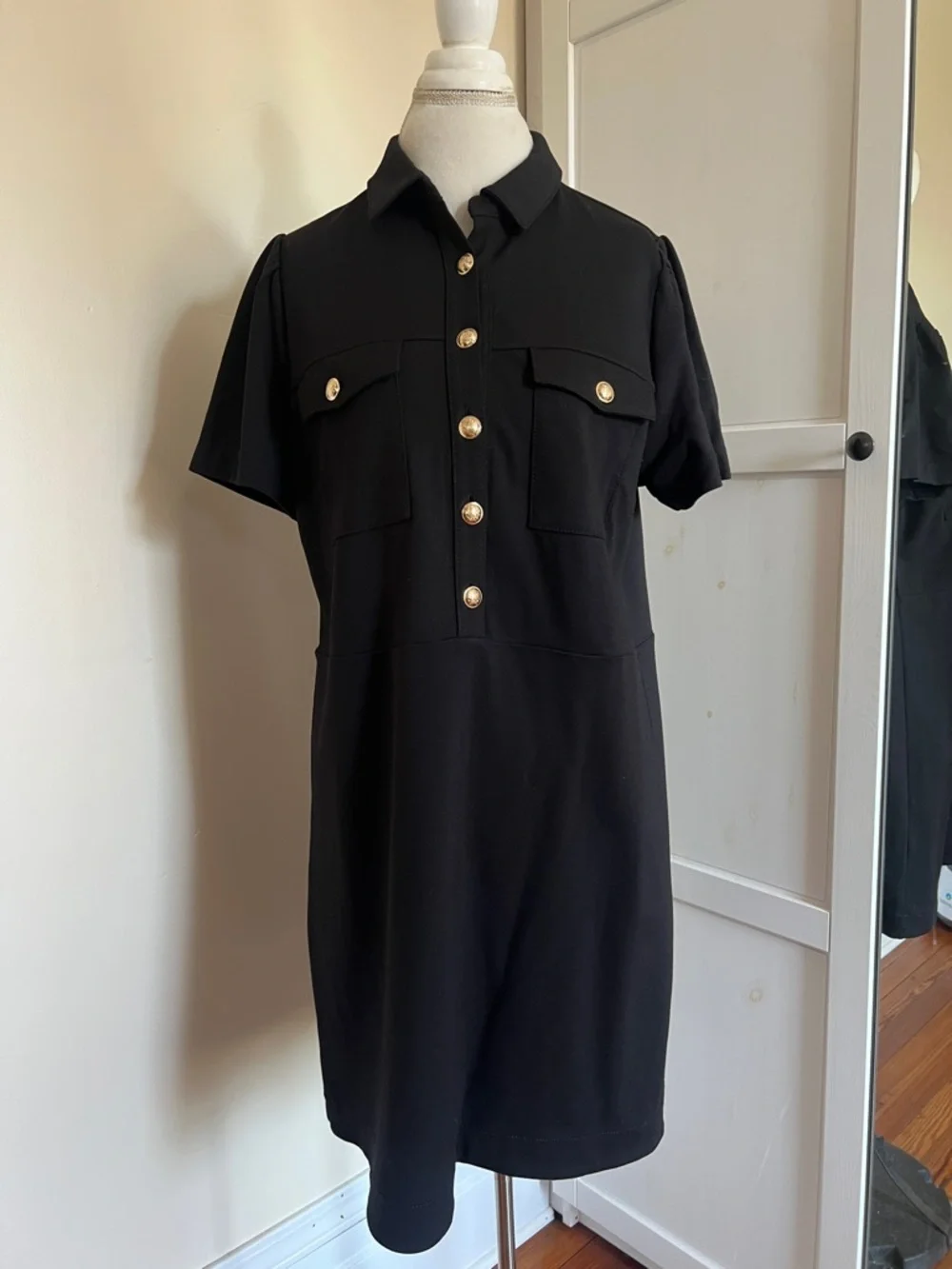 NWT LOFT Outlet Mod Black Ponte Utility Shirt Dress Gold Buttons Size 14 - Picture 2 of 8